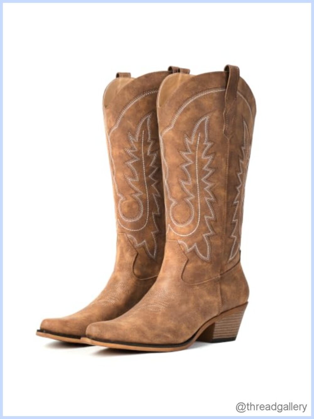 Women's Pointed Toe Mid Calf Cowboy Boots Chunky Heel Faux Leather Western